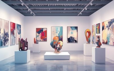 Art gallery interior showcasing abstract paintings